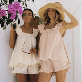 Cotton Women Pajama Robe Sets Casual Ruffles Tops + Shorts Woman 2 Pieces Sets Nightgown Sleepwear