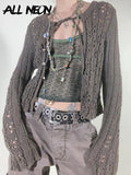 Y2K Fairy Grunge Bandage Long Sleeve Knitted Cardigans Goblincore Aesthetics O-neck Hollow Out Grey Sweaters Retro