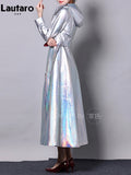 Spring Autumn Long Luxury Shiny Reflective Holographic Patent Pu Leather Trench Coat for Women European Fashion