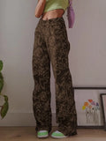 SUCHCUTE Vintage Print Straight Jeans Hight Waist Casual Streetwear Women Baggy Denim Trousers Harajuku Pants Grunge