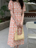 Kitty Summer Gentle Florals Retro Long Dress Slim Women 2022 New Casual Puff Sleeve Sweet Lady Printed Holiday Chic