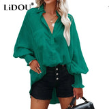 Autumn Streetwear Solid Loose Casual Shirt Female Lantern Long Sleeve Beach Holiday Blouse Button Up All-match Blusa