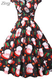 Print Vintage Christmas Dress Women Winter Big Swing Elegant Short Sleeve V Neck Sexy New Year Party