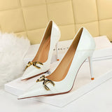 Zingj High-Heeled Women's Shoes Fine Heel Bright Face Lacquer Leather Shallow Mouth Tip OL High Heel Metal Belt Buckle Single