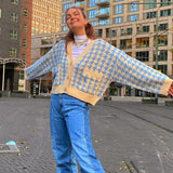 Houndstooth Plaid Print Cardigan Women Autumn V Neck Vintage Knitted Crop Top Sweater Casual Loose Knitwear