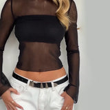 Summer New Round Neck Long Sleeve Mesh Perspective Exposed Waist Top With Hot Girl