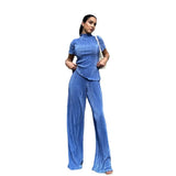 Zingj 2023 Summer New Thin T-Shirt High Waist Blue Pleated Floor Pants Casual Women's Fashion Suit-Outfit