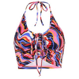 Summer Backless Sexy Halter Crop Top Women Wave Printed Sleeveless Tanks Camis Tops Tees Ladies Fashion