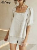 Cotton Shorts Sets Women 2022 Vintage Square Collar Puff Sleeve Tops High Waist Shorts 2 Piece Sets Womens