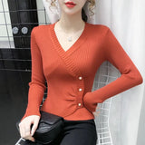 new bottoming sweater shirt women's long-sleeved knitted crossed v-neck buttons sweaters jumpers crop