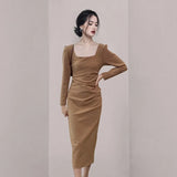 Women Fashion Square Collar Pencil Dress Elegant Slim Waist Female Package Hip Midi Dress Ladies Sheath