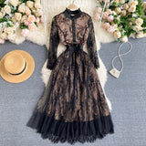 New Spring Autumn Vintage Lace O Neck Floral Print High Waist Mid Calf Women Dresses A Line Hollow Out