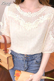 Hollow Women Tops Summer French Style Sweet Blouse 2023 New Fashion Half Sleeve Clothes Apricot Lace Shirt Blusas