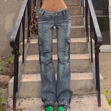 Vintage Jeans Low Waisted Pockets Trousers Baggy Casual Fashion Denim Cargo Pants Women Straight Hot Korean Jeans