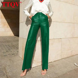 Casual Blue Pu Leather Women's Pants 2022 Autumn Elegant High Waisted Pockets Trousers Fashion Streetwear Straight