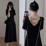 Zingj Over The Knee Long Skirt Female Loose Show Thin Simple Sense A Word Dew Back Cross Hollow Out In The Long Dress-Outfit