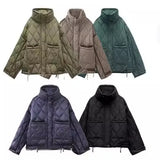 Style Women's Pocket Decoration Loose Long Sleeve Standing Collar Diamond Thin Cotton Jacket Jacket Women's