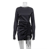 Zingj New Women's Long Sleeve Gloves Rope Satin Hanging Feeling Dress Sexy Temperament Package Hip Skirt-Outfit