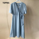 Summer Short Sleeve Shirts Dress Polka Dot Printing Dress Woman v-neck Lace Up Belt vestido