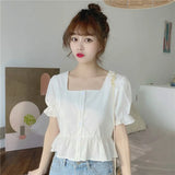 Shirts Women Summer Short Sleeve Square Collar Ruffles Crop Top Chic Fashion Korean Style Casual Womens Ulzzang