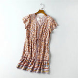 Queens Women Floral Print Deep V-neck Vacation Bohemian Mini Dress Ladies Short Sleeve Button Boho Dresses