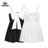 Straps Dress French Jacquard Bow Sleeveless Casual Sexy Fashion Vintage High Waist Baggy Short Skirt Ladies