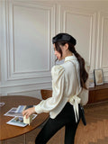 Open Back White Puff Sleeve Tunics Button Up Shirt Long Sleeve Bandage Ladies Top And Blouse Korean Shirt