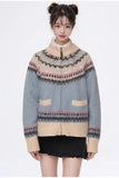 Blue Printed Stand Collar Knitted Cardigan- Outfit