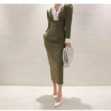 Vintage Party Midi Dress Long Sleeve lace collar Solid Casual Elegant Dress 2020 Spring New Fashion