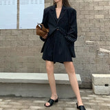 Striped Print Loose Long Blazer Jacket+Wide Leg Shorts Suits Outfits Korean Fashion Lazy Chic Casual Vintage Two Piece