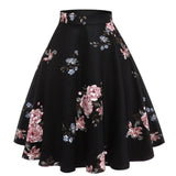Line Midi Floral Retro Skirt High Waist Cotton Vintage Women School Flower Print Elegant Pleated 50S Swing