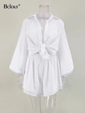 Linen Ruffle Shorts Sets 2 Pieces Women Sexy Lantern Sleeve White Tops Summer Elastic Waist Shorts Woman Suit