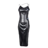Zingj 2024 Hot Style Sexy Sling Waist Show Thin Bag Hip Slit PU Dress Female Nightclub