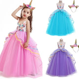 Unicorn Cosplay Girl Dress Party Elegant Flower Lace Long Tutu Formal Ball Gown Princess Baby Dresses 5 7 8 12 14