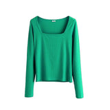 Sexy Square Collar Slim T-shirts Woman Knitwear Tops Solid Color Long Sleeve Skinny