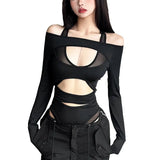 Zingj 2024 New Women's Fashion Sexy Mesh Stitching Long Sleeve Hollow Out Slim Crop Jumpsuit-Outfit