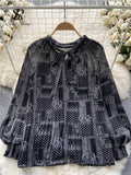 Korean Print Chiffon Shirt Bow Neck Long Sleeves Loose Leopard Top Casual Paisley Vintage Floral Blouse Spring