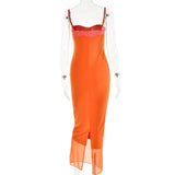 Orange Mesh Lace Patchwork Cami Maxi Dress-Outfit
