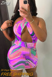 Tie Dye Print Backless Mini Dress Women Summer Sexy Hollow Out Halter Sleeveless Pleated Tight Woman Party