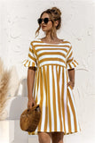 2021 Summer New Fashion O Neck Women's Dress Casual Loose Solid Short Sleeve Ruffle Patchwork Pocket Ladies Stripe