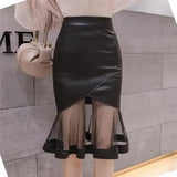Black Faux Leather Mesh Frill Patchwork Pencil Midi Skirt- Outfit