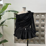 Sweet Temperament Design Folded Micro-Perchee Shoulder Irregular Top + Ultra-Short Trousers