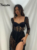 Y2k Fashion Party Vacation Beach Sexy Black Lace Long Dress Women's Spring Quarter Sleeve Mid-Calf Dresses