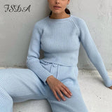 2020 Women Set Sweater Top Long Sleeve And Biker Pants Autumn Winter White Casual Two Piece Set Warm Outfits