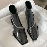 Design Sense Soft Leather Square Head Thick Heel Short Boots Women's Chain Martin Boots Tide Cool Fashion Single Boots Elastic Thin Thin