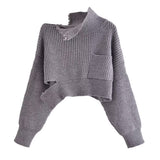 Fashion Women's Knitted Pullover Oblique Collar Loose Solid Color Long Sleeve Hollow Out Sweater Autumn 2023 New