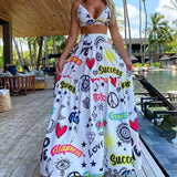 Two Pieces Skirt Sets Suspenders Tube Top Skirts Sweet Printed Bra Bare Waist Chic Evening Party Clothing Beach Dance