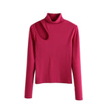 Sexy Skinny Turtleneck Top Woman Hollow Out Casual Long Sleeve T Shirt Skinny Spring 2021 Slim Tee Lady