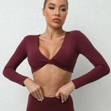 Cross V-neck Sporty T-shirt Women Sportswear Gym Workout Top Long Sleeve Fitness Sport Shirts Female Yoga Clothes Crop