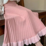 Pleated Patchwork Mid-length A-line Knitted Skirt- Outfit